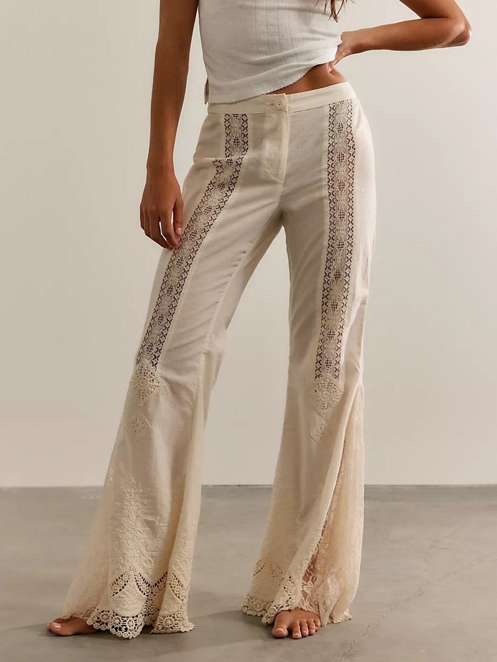 Free People Aliyah Lace Flare Pants in Ivory Cream NWT